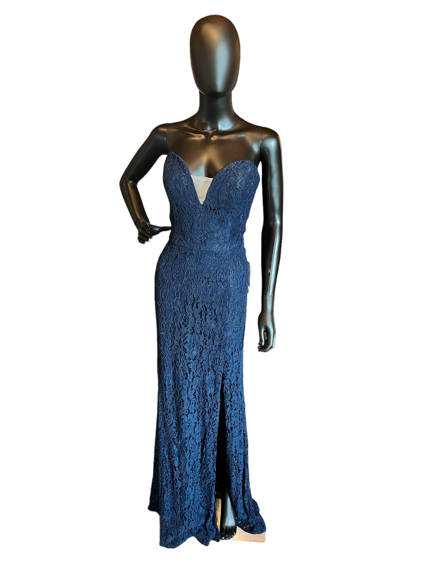 Navy Corded Lace Illusion Maxi Gown - Hayley Paige Navy Corded Lace Illusion Maxi Gown - Hayley Paige