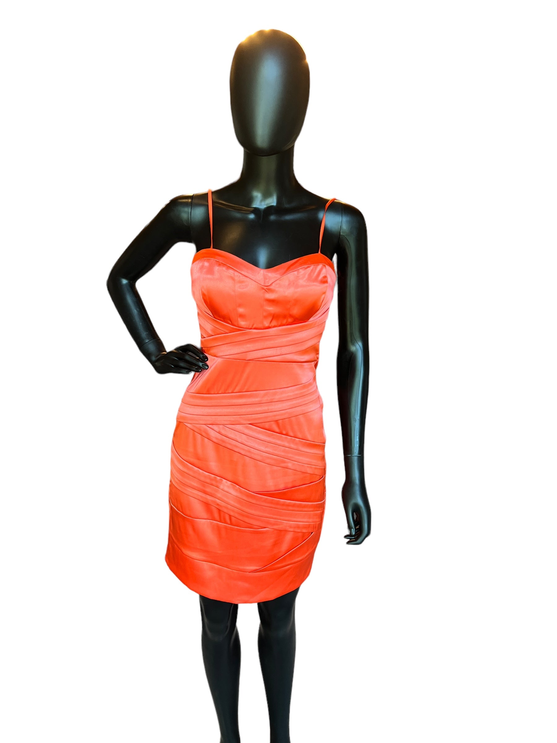 Coral Satin Spaghetti Strap Cocktail Bodycon Dress - Arden B Coral Satin Spaghetti Strap Cocktail Bodycon Dress - Arden B