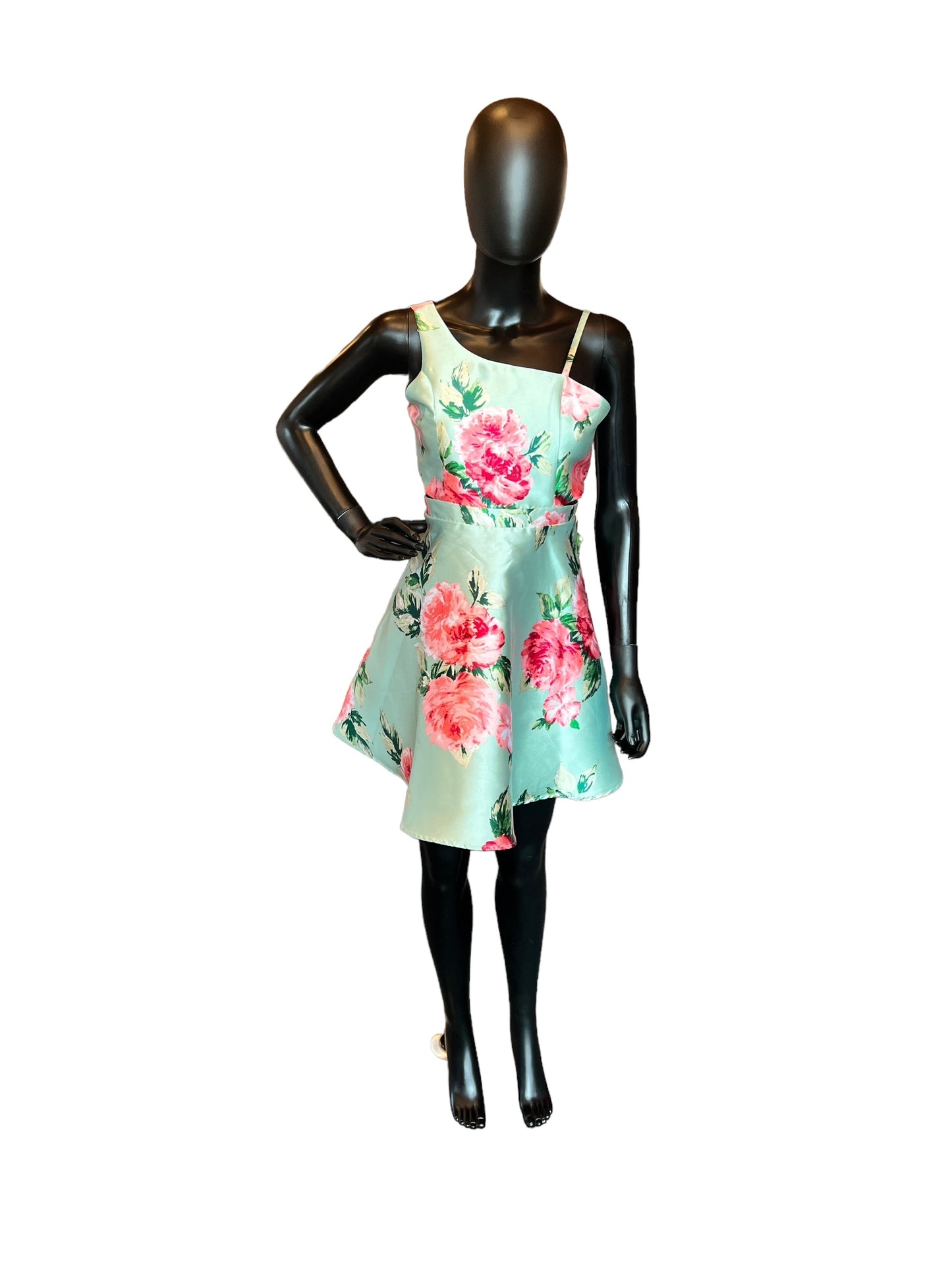Teal Short One Shoulder Floral Print Dress (New)