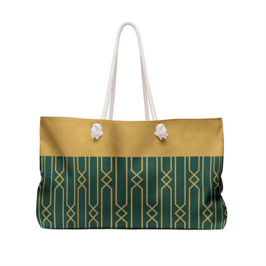 Green/Gold Art Deco Stylish Weekender Bag - Canvas Travel Tote, Perfect for Beach Trips, Gym, Weekend Getaways, and Vacation