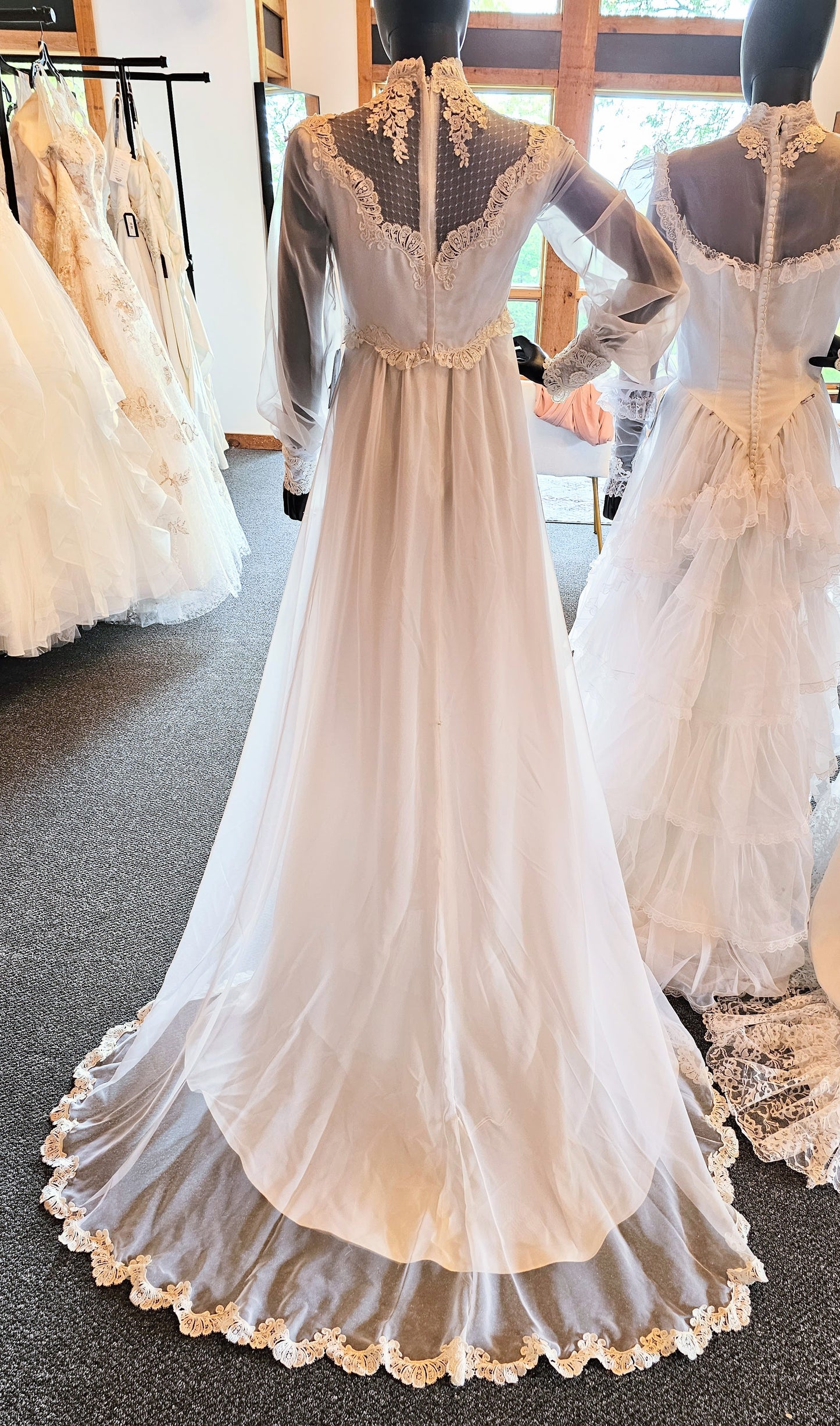 Vintage 70s Lace Chiffon High-Collar Wedding Gown