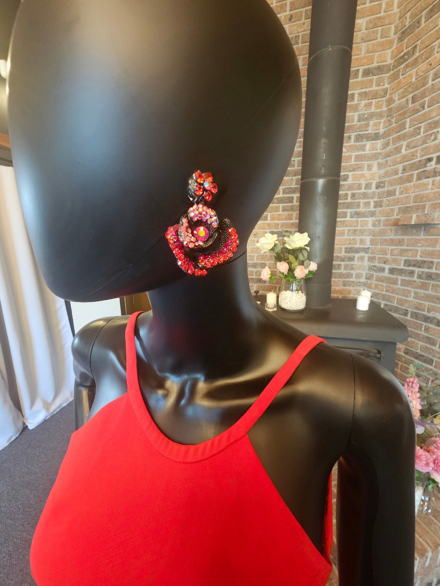 Large Ruby Flower Clip Earring