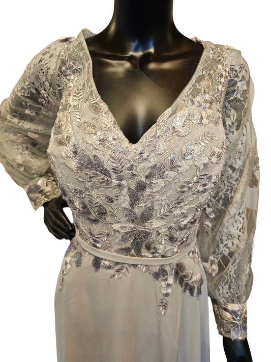 Grey/Silver Lace Sleeve Chiffon Maxi Formal Gown