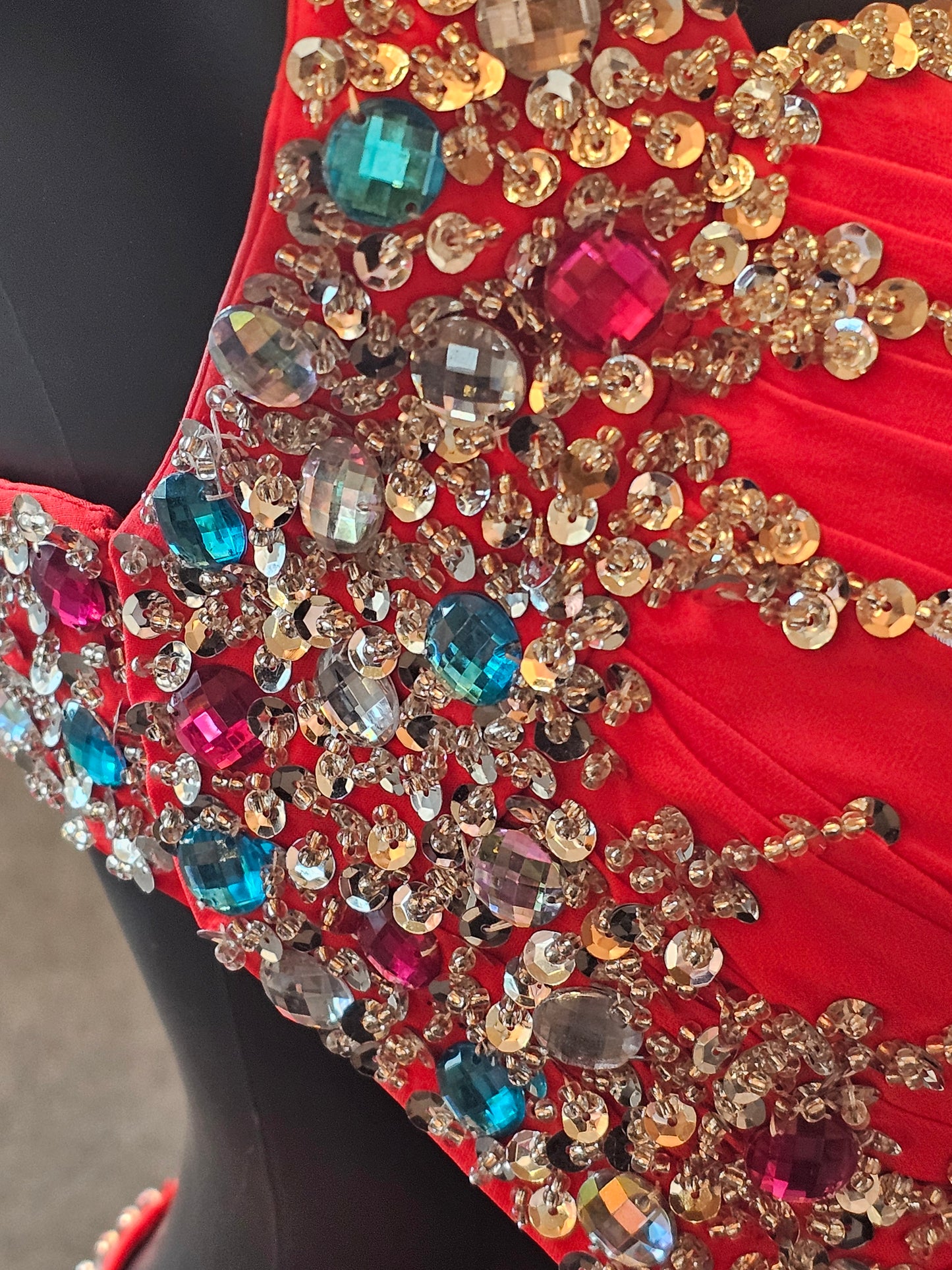 Red Chiffon One Shoulder Side Keyhole Crystal Accent Prom Dress