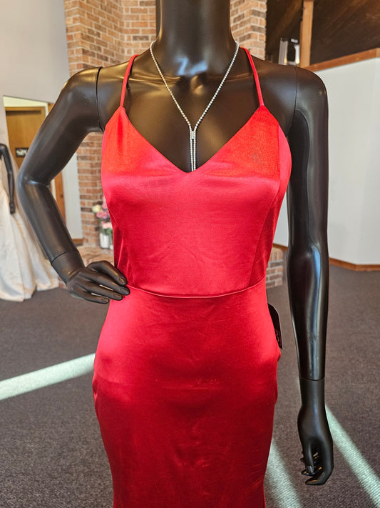 Red Satin Jersey Criss-Cross Back Dress