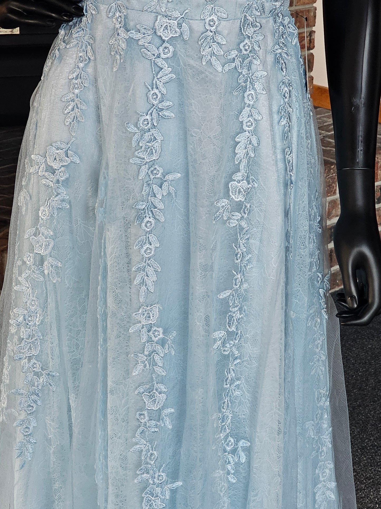 Ice Blue Floral Lace A-Line Maxi Formal Dress