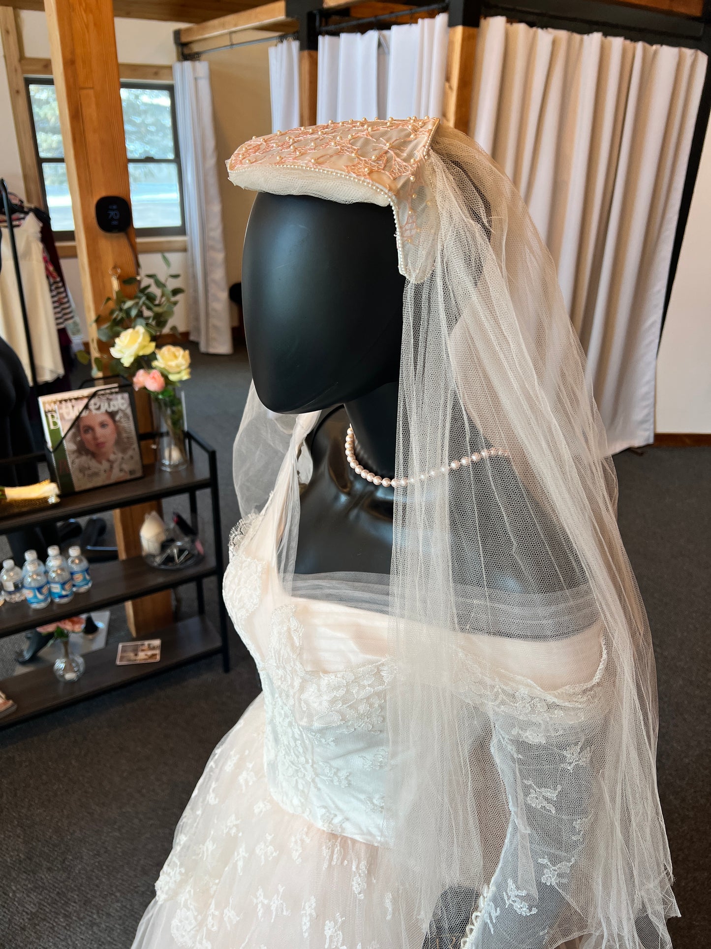 Vintage Blush Wedding Gown Tulle Sleeves W/Veil