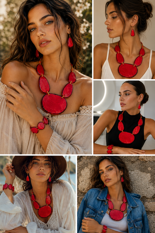 Vintage Large Red Abstract Resin Necklace/Earrings/Bracelet Set