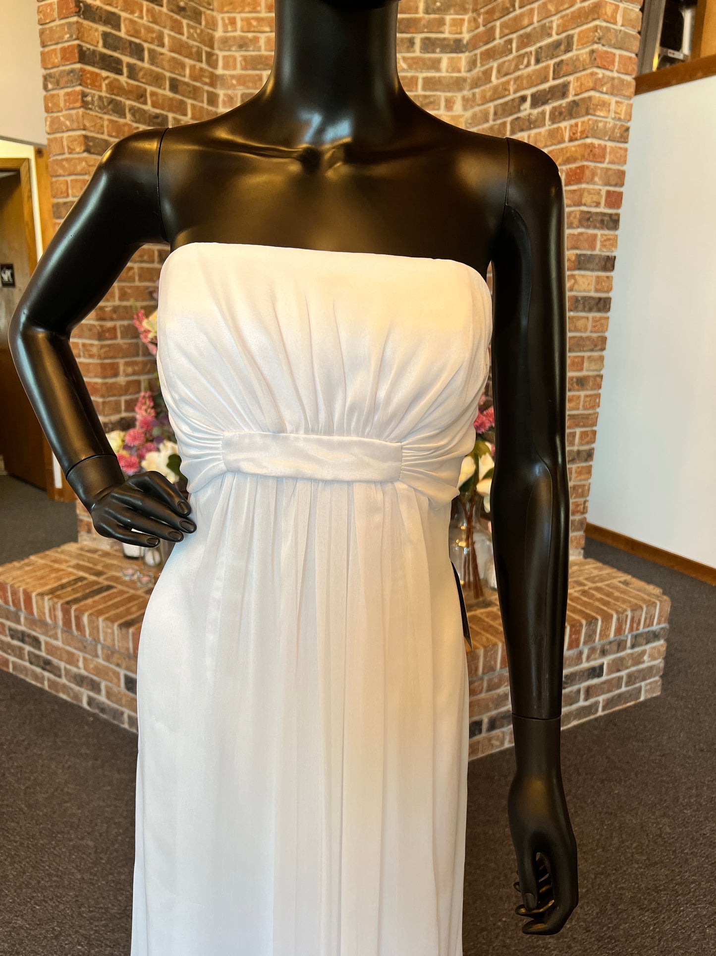 White Belsoie Strapless Chiffon Formal Gown