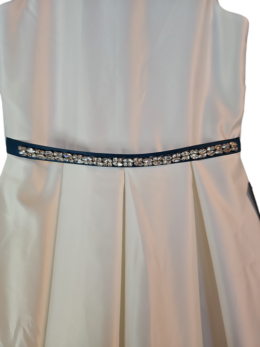 Ivory Satin Flower Girl Dress Teal Ribbon