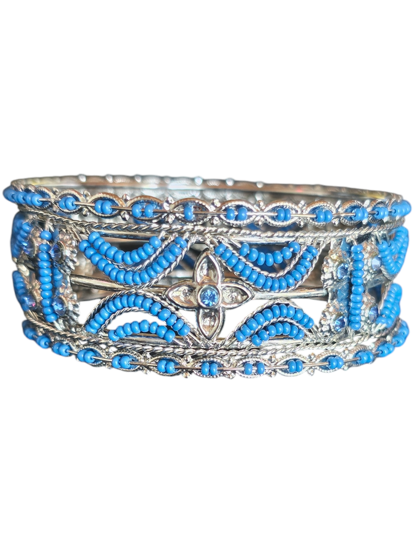 Silver/Cobalt Bead Indian Bangle Bracelet (set of 3)
