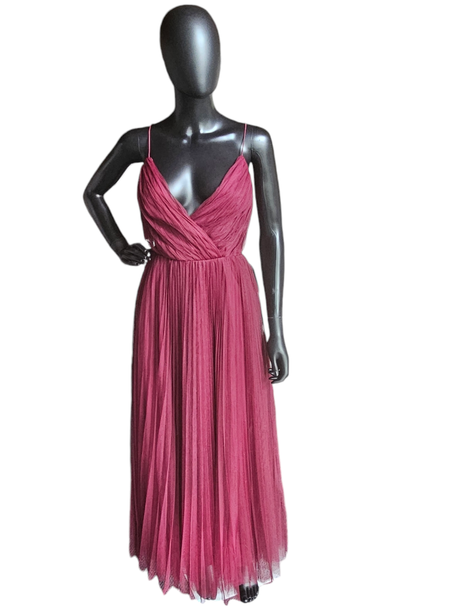 Oxblood Pleated Tulle Spaghetti Strap Formal Gown Oxblood Pleated Tulle Spaghetti Strap Formal Gown