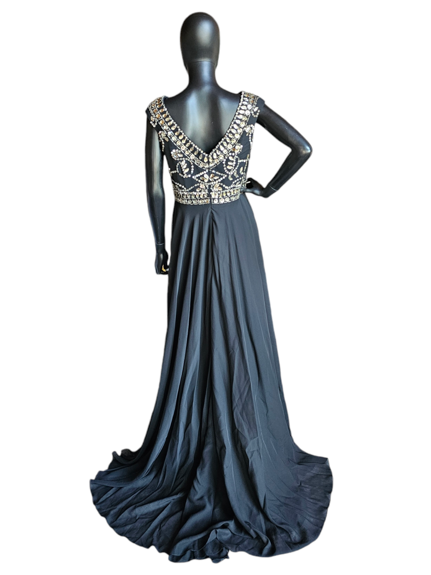 Black Chiffon Boatneck Large Crystal Bodice Full Length Formal Gown