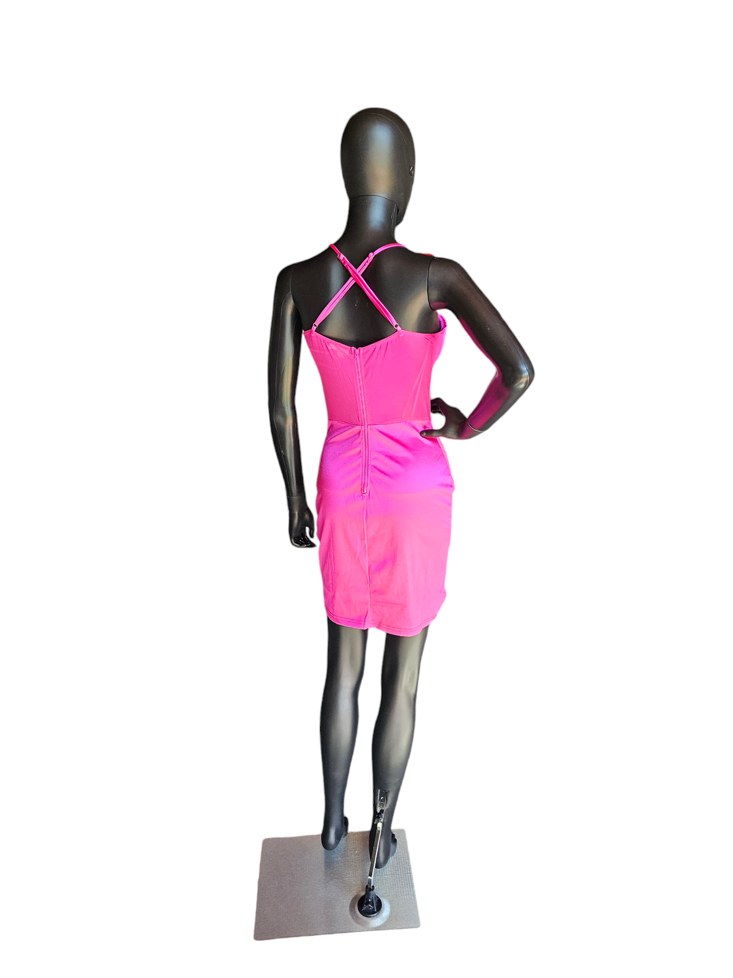 Hot Pink Satin Illusion Panel Cocktail Dress / Party Dress - Lovesome