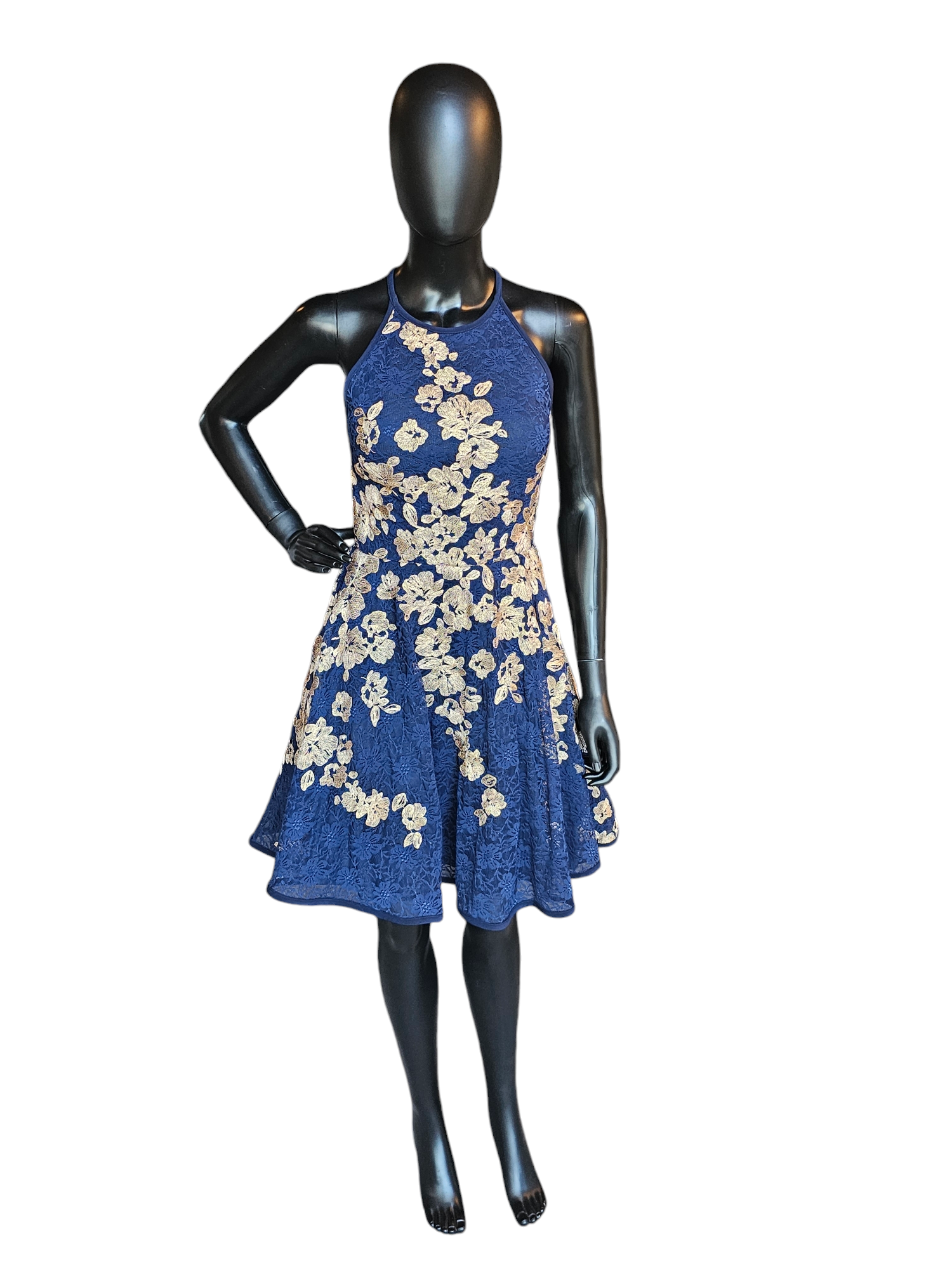 Navy Lace Halter Gold Embroidered Dress - Xscape Navy Lace Halter Gold Embroidered Dress - Xscape