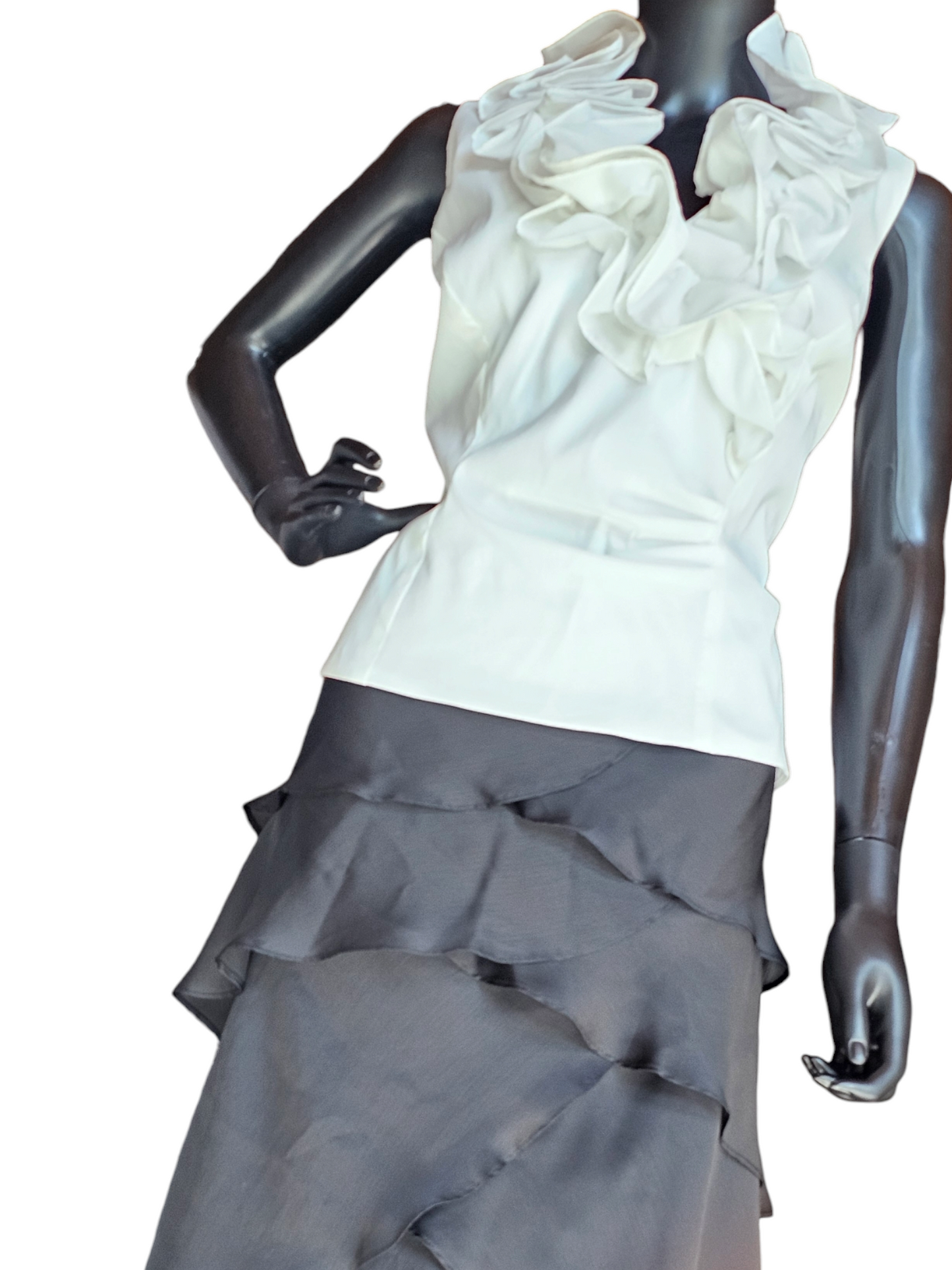 2-Piece White Ruffle Blouse and Tiered Chiffon Skirt