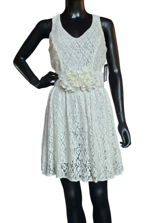 White Lace Floral Belted Dress - NWT