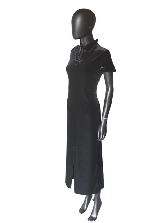 Black Velvet Mandarin Collar Dress