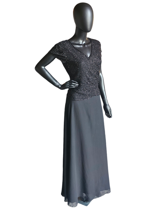 Black Beaded Cap Sleeve Formal Gown - JKARA New York