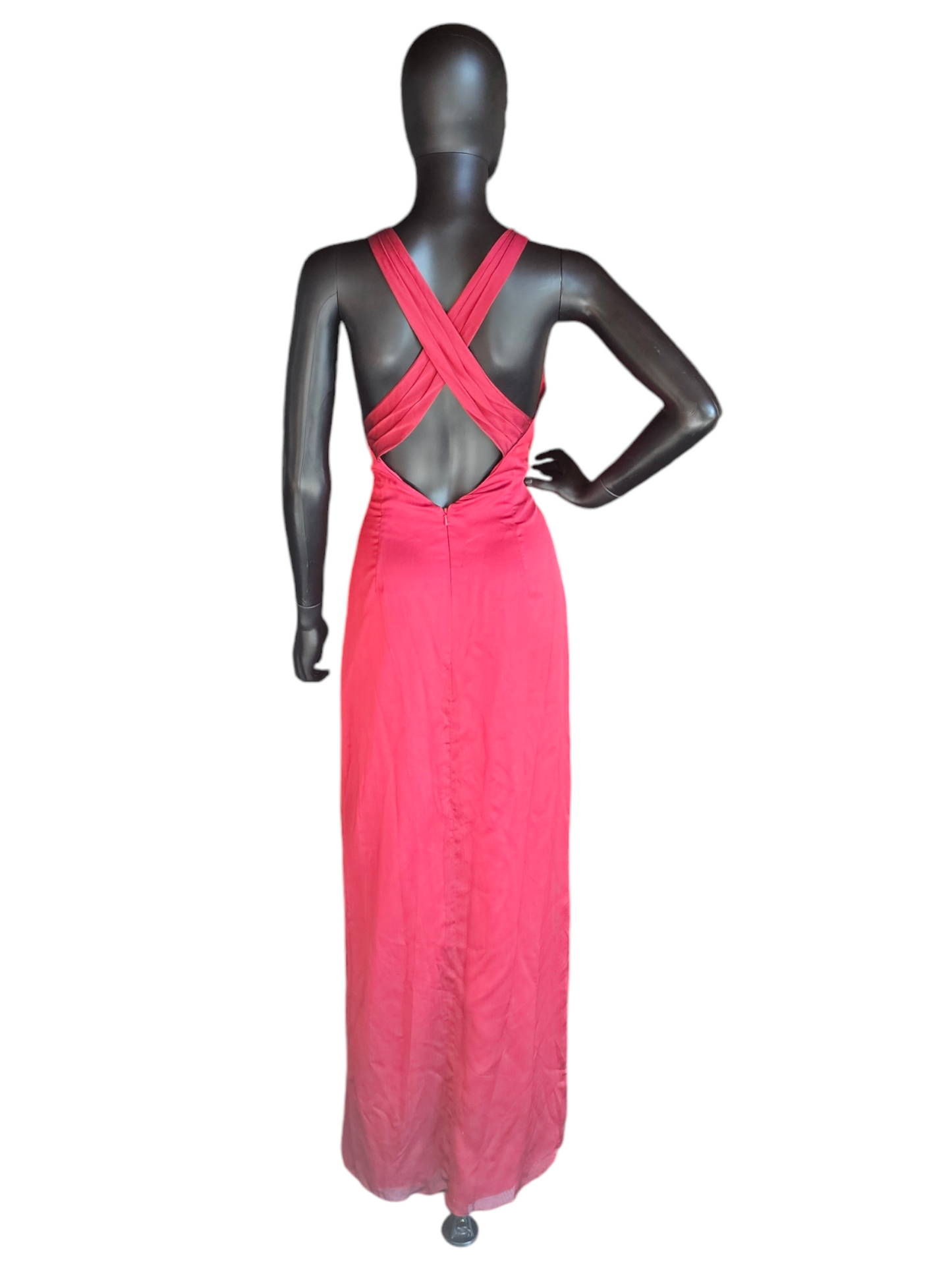 Red Shimmer V-Neck Crossback Formal Gown - Belsoie