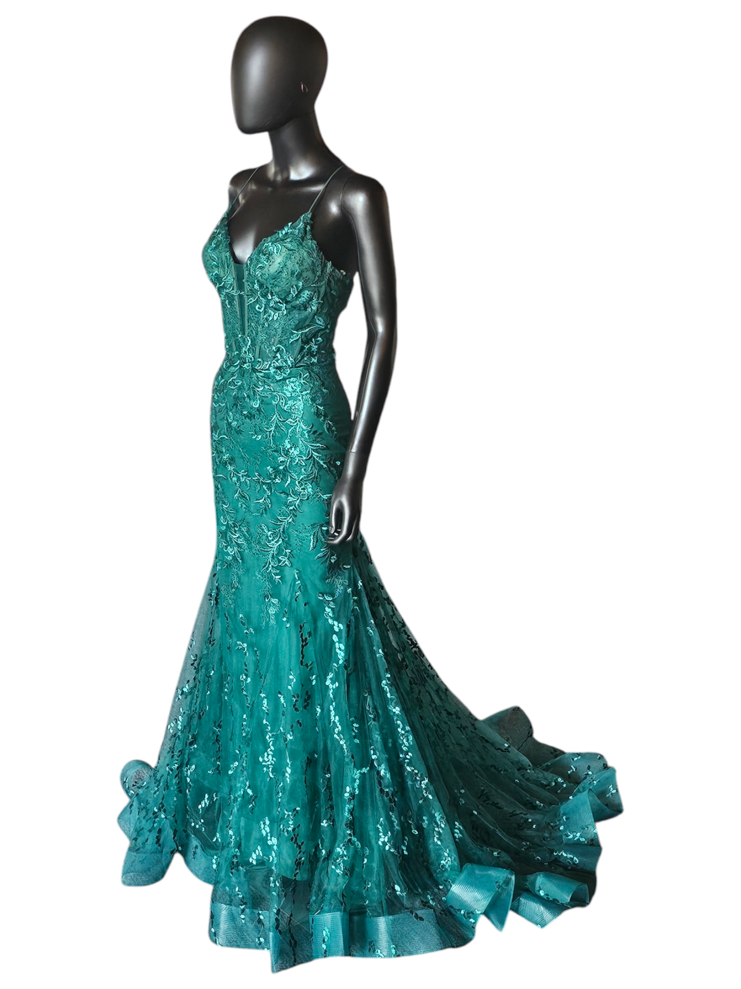 Forest Green Sequin Maxi Formal Gown W/Train - ew35010 - Ellie Wilde