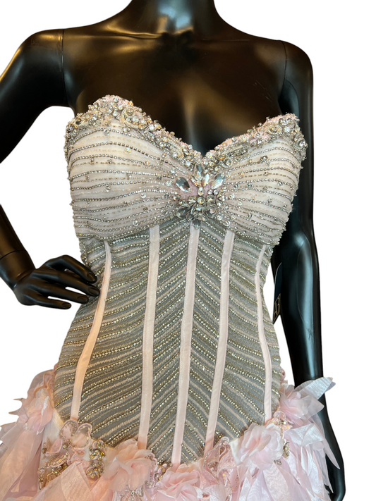 Ysa Makino Pink Feathered Fit and Flare Gala Gown