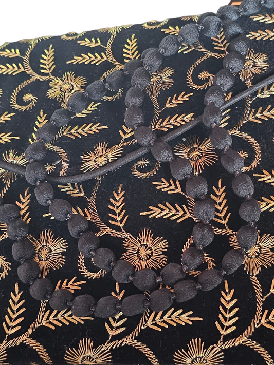 Black/Gold Embroidered Floral Envelope Clutch