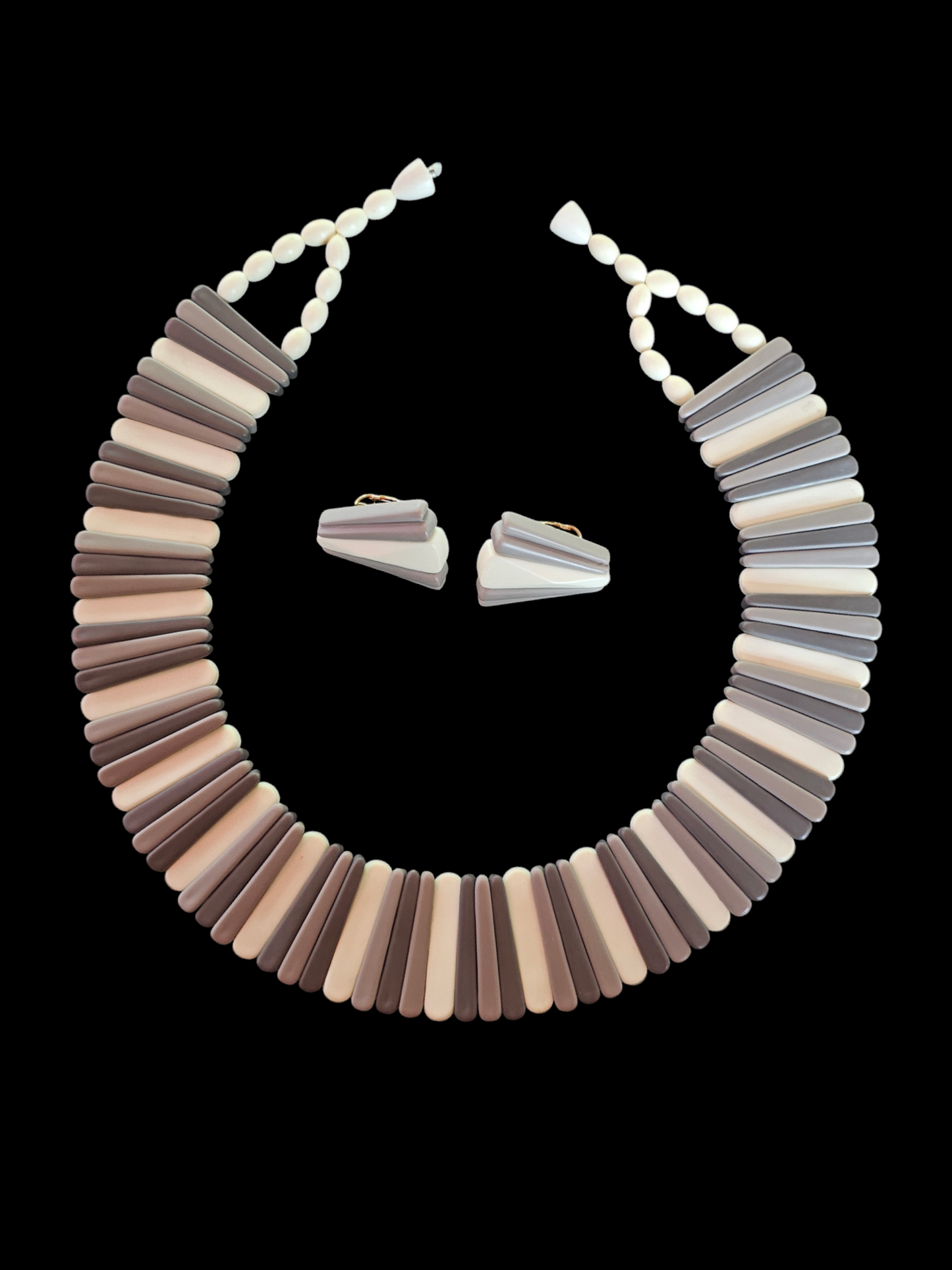 Vintage 70's Tri-Color Tribal Bead Collar Necklace + Clip on Earring