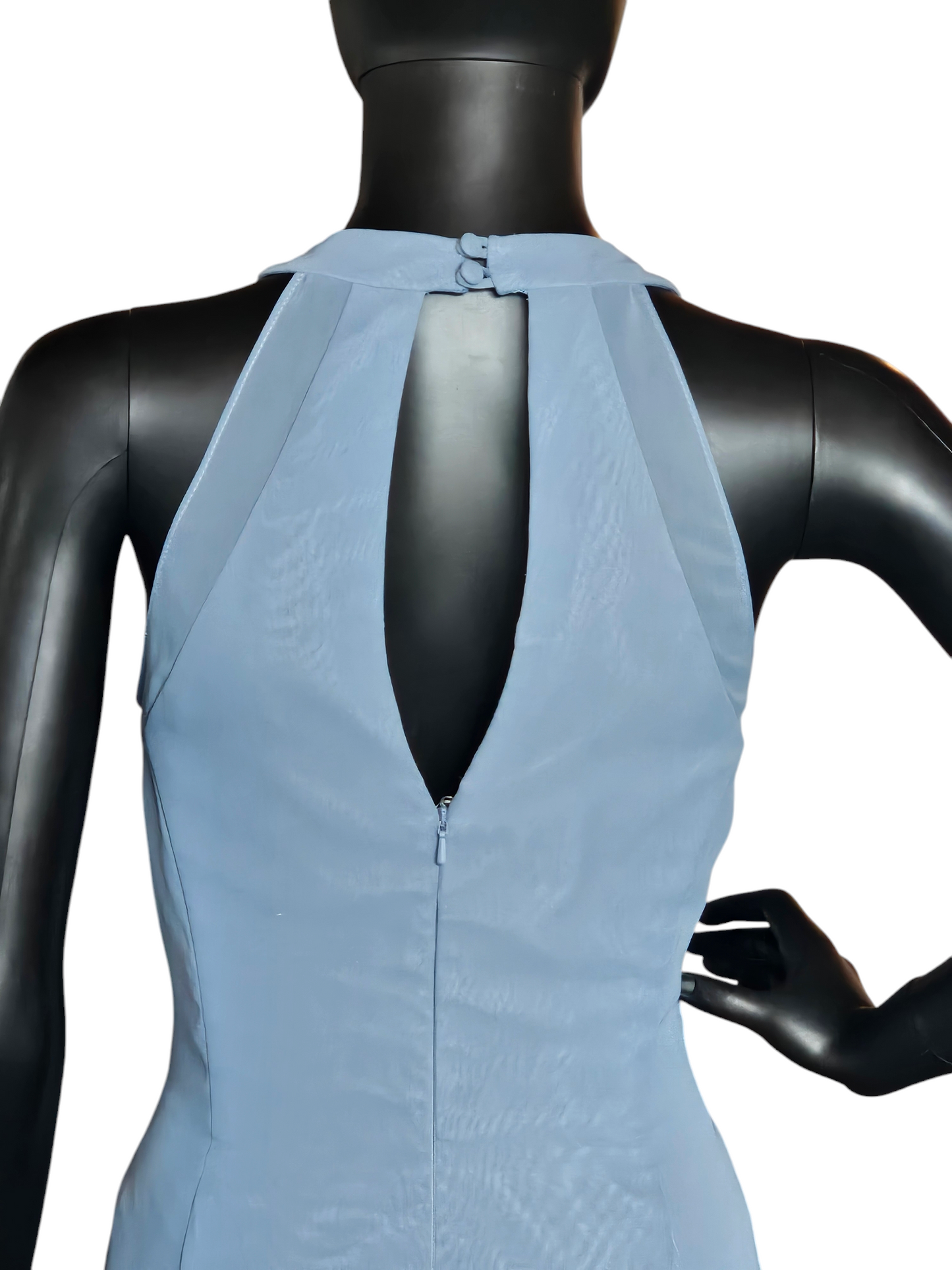 Bari Jay Steel Blue Chiffon Halter Maxi Formal Gown