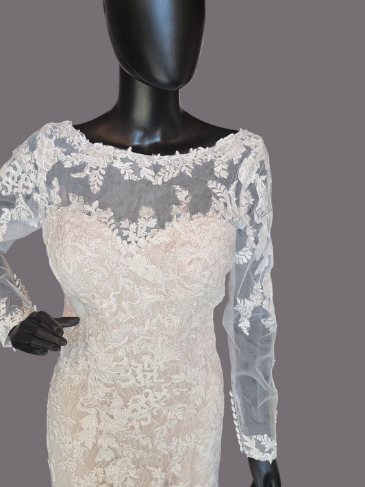 Blush Illusion Boat Neck Long Sleeve Fit & Flare Lace - Stella Couture