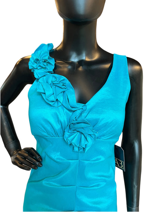 Turquoise Taffeta Floral Ruched Mid-Length Dress