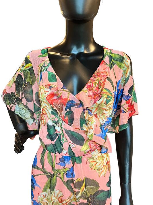 Coral & Floral Print Chiffon Flutter Mid-Length Dress - Gibson & Latimer