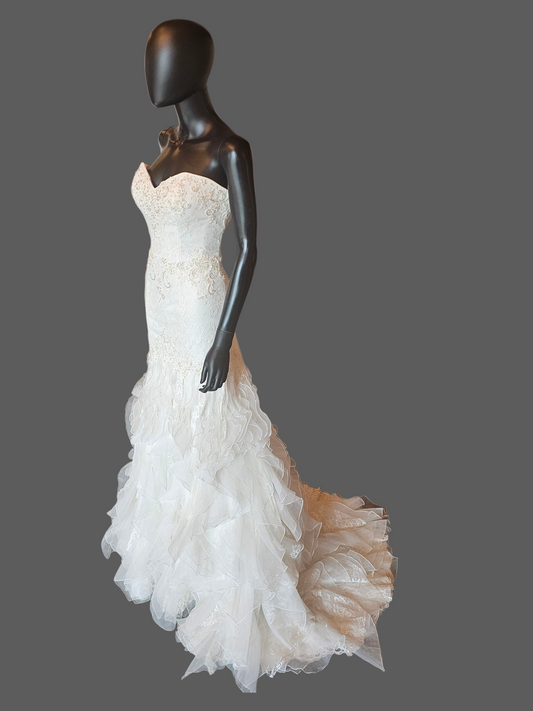 Ivory Lace Strapless Sweetheart Fit/Flare Verticle Ruffle Wedding Gown - Casablanca