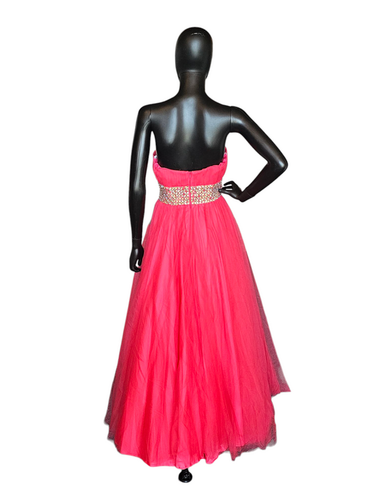 Pink/Coral Tulle Crystal A-line Formal Gown