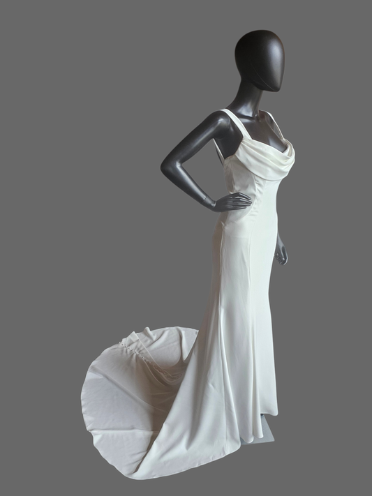 Ivory Crepe Wide Strap Cowl Fit/Flare Minimalist Wedding Gown - Maggie Sottero