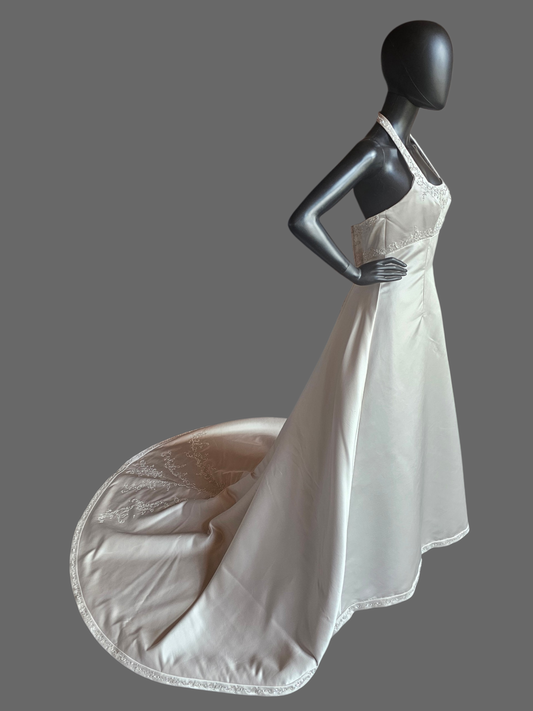 Oyster Satin Empire Square Neck Halter Wedding Gown