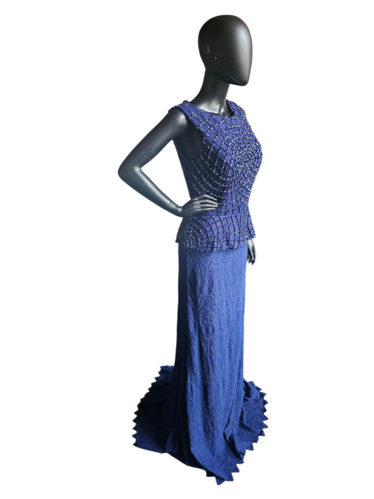 Navy Blue Beaded/Lace Peplum Fit/Flare Jewel Collar Formal Dress - Lara