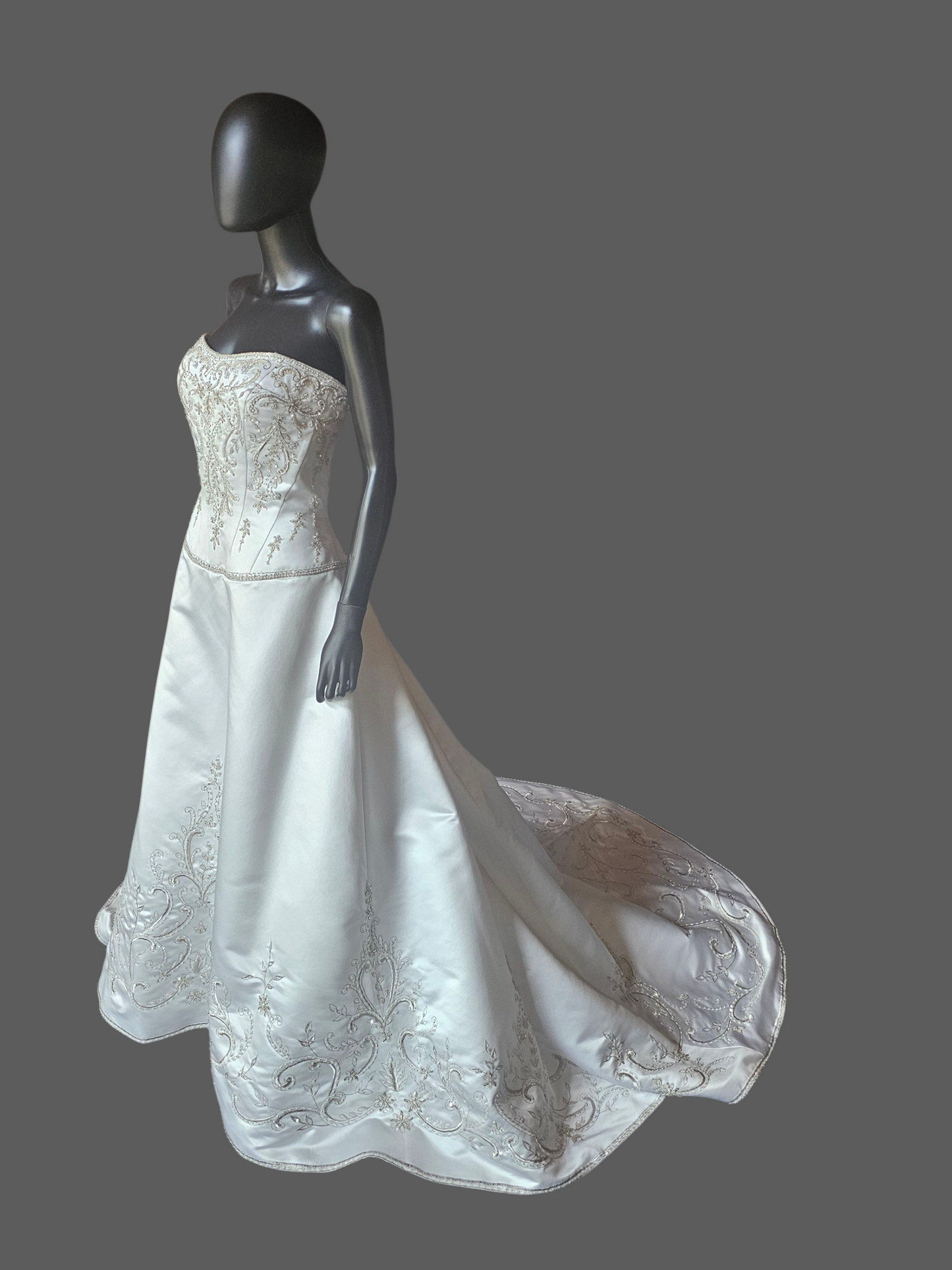 White Satin Drop Waist A-Line Wedding Gown - Casablanca