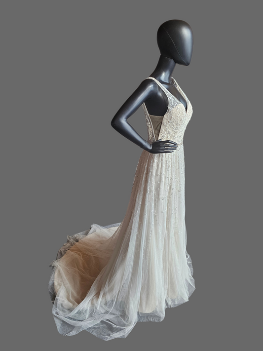 Ivory/Champagne Soft Netting Plunge V-Neck Open Back Wedding Gown - Martin Thornburg