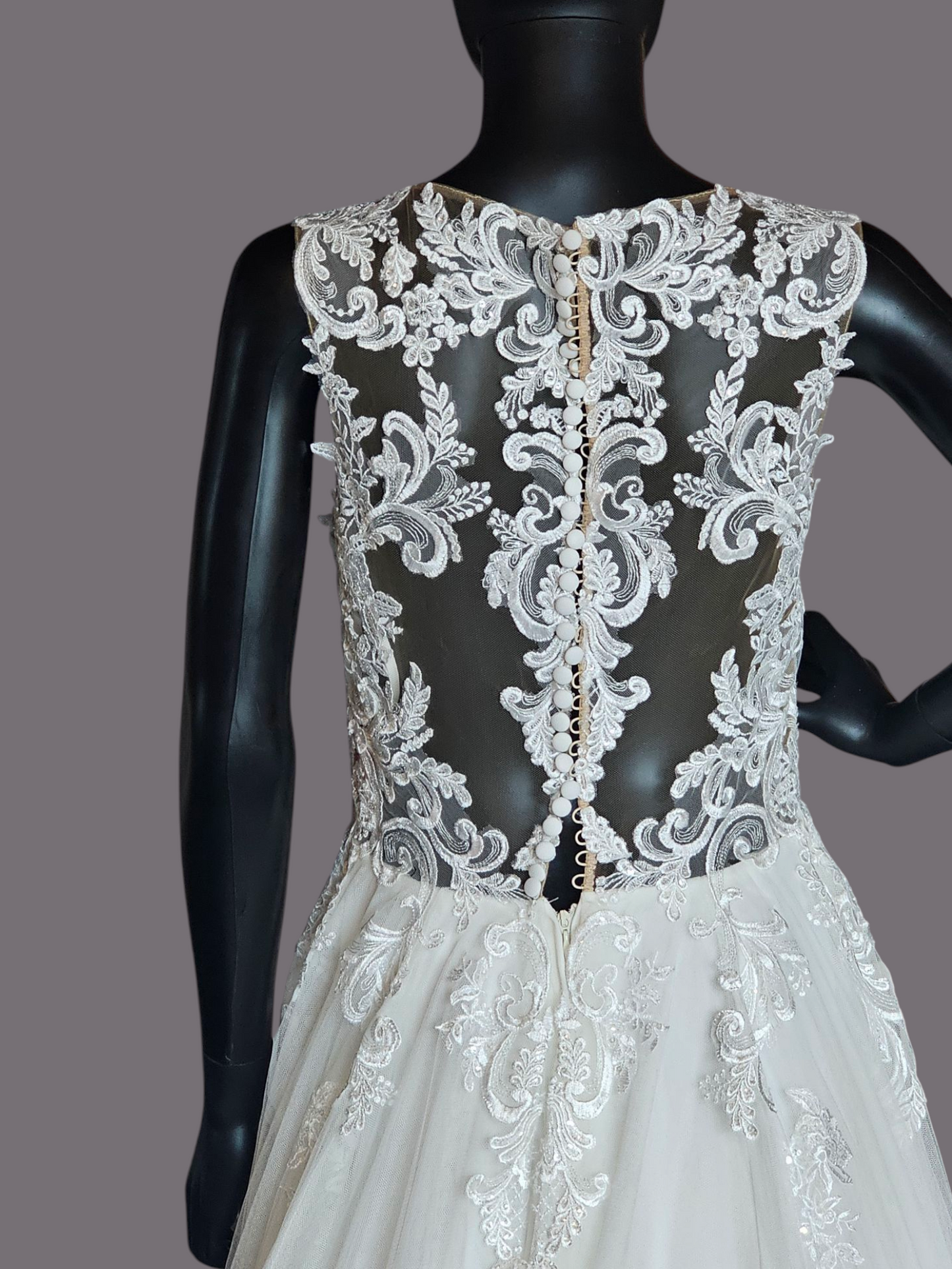 Sheer Bodice Lace Applique Illusion Plunge Wedding Gown - Justin Alexander