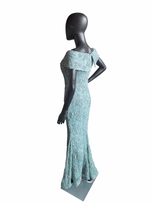 Mint Green 3D Embroidered Off Shoulder Formal Fit/Flare Dress- Xcape