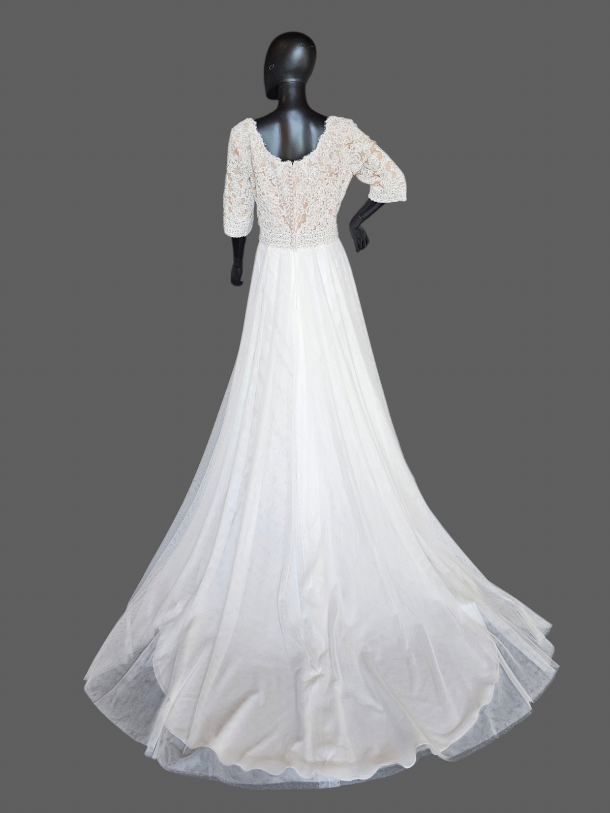 Ivory Scoop Neck Lace 3/4 Sleeve A-Line Net Wedding Gown - Maggie Sottero