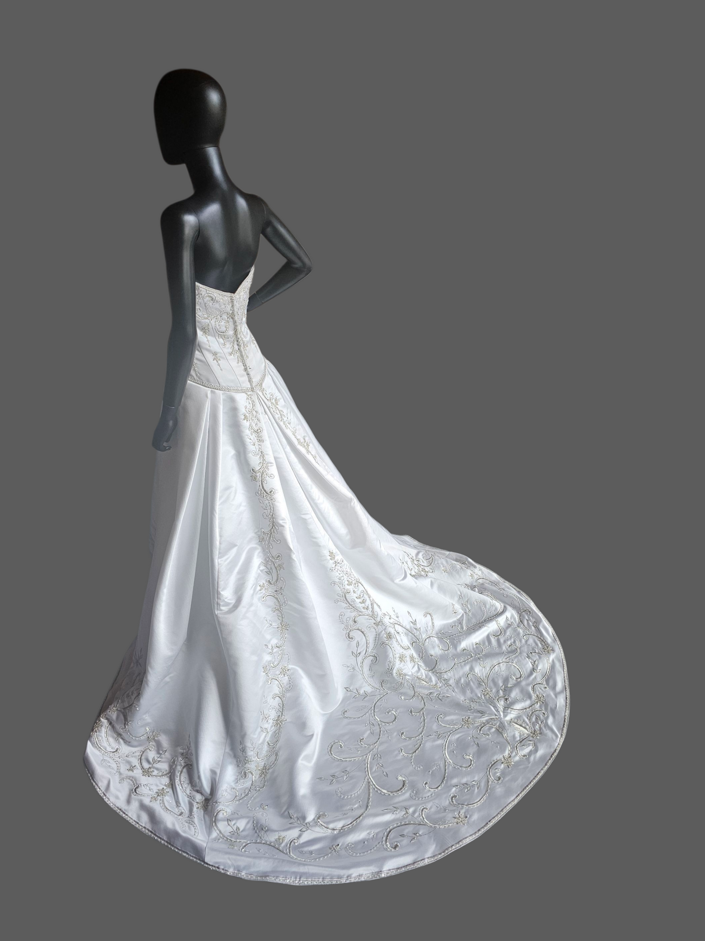 White Satin Drop Waist A-Line Wedding Gown - Casablanca