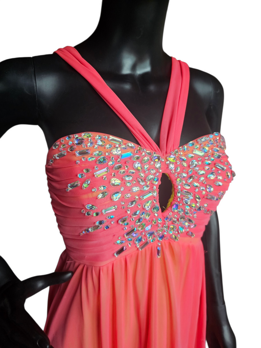 Coral/Yellow Crystal Halter Prom Dress