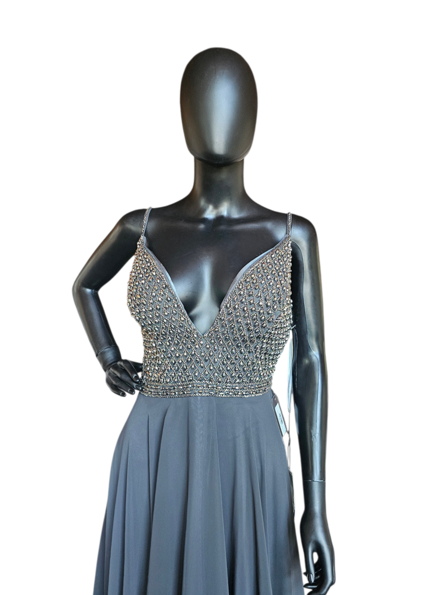 Charcoal A-Line beaded V-Neck Plunge Open Back Formal/Prom Dress - Jovani