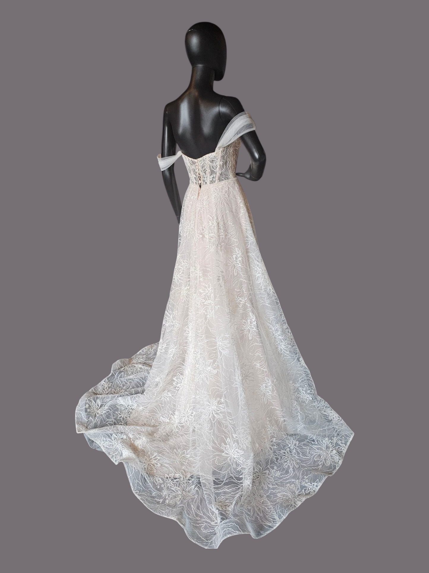 Natural Waist Off Shoulder Vintage Rose Embroidered Wedding Gown