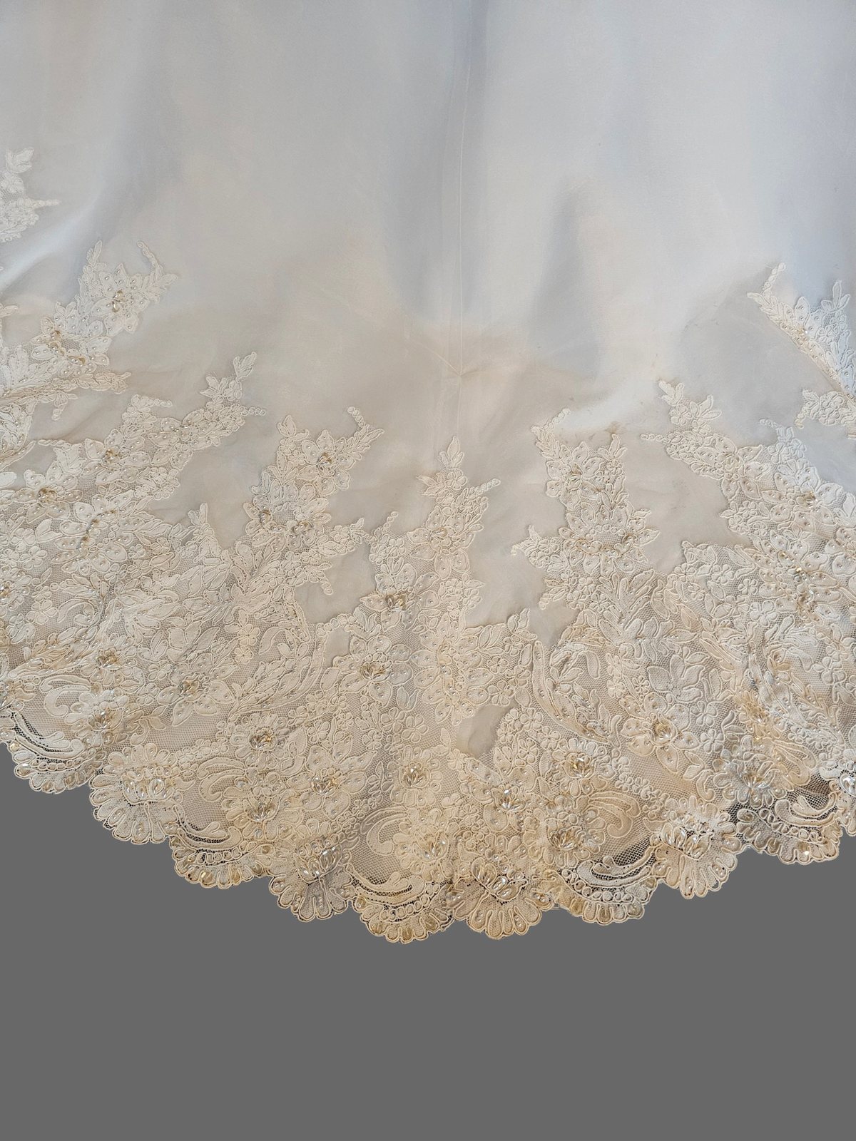 White V-Neck Lace Applique Organza Wedding Gown - Oleg Cassini