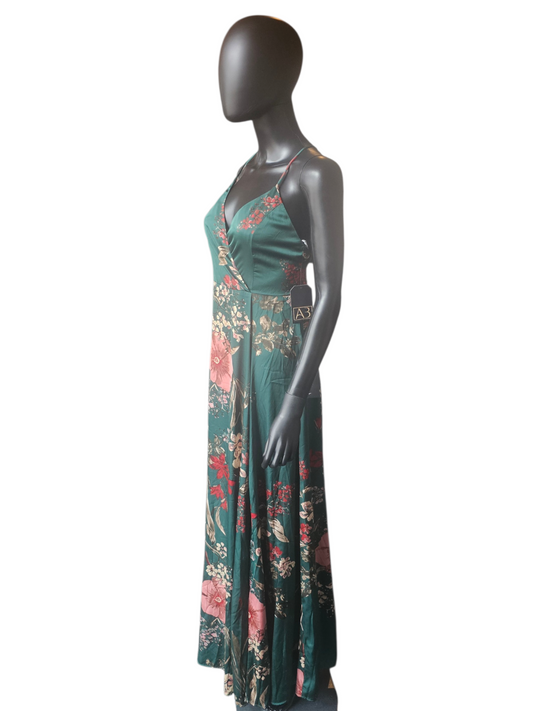 Green Floral Silky A-Line NWT Maxi Dress - Lulus