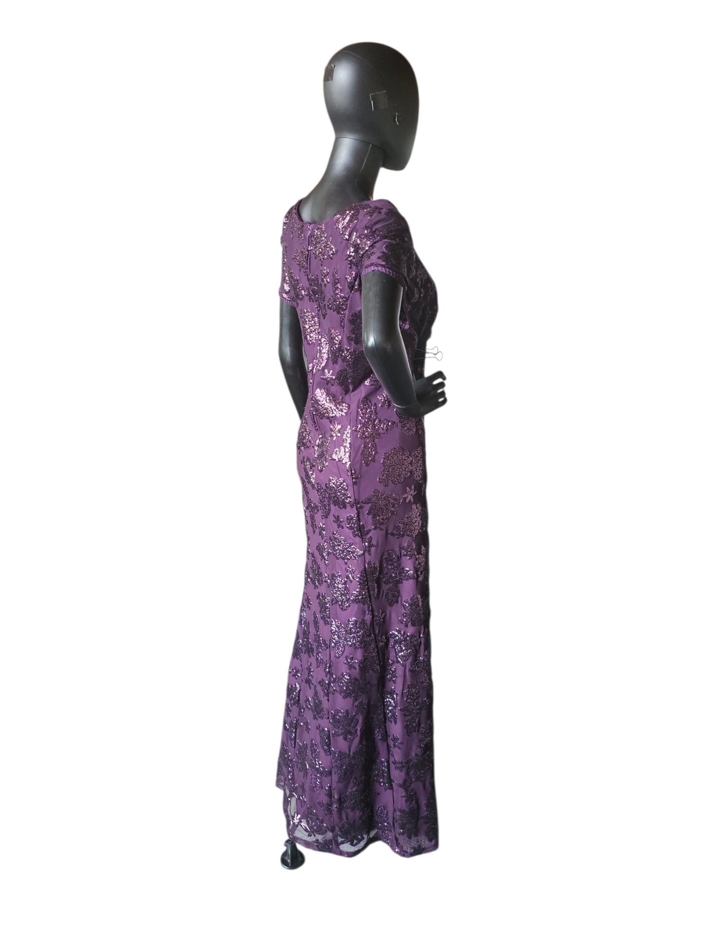 Plum Purple Floral Sequin Scoop Neck Cap Sleeve Full Length Formal Dress - Eva USA