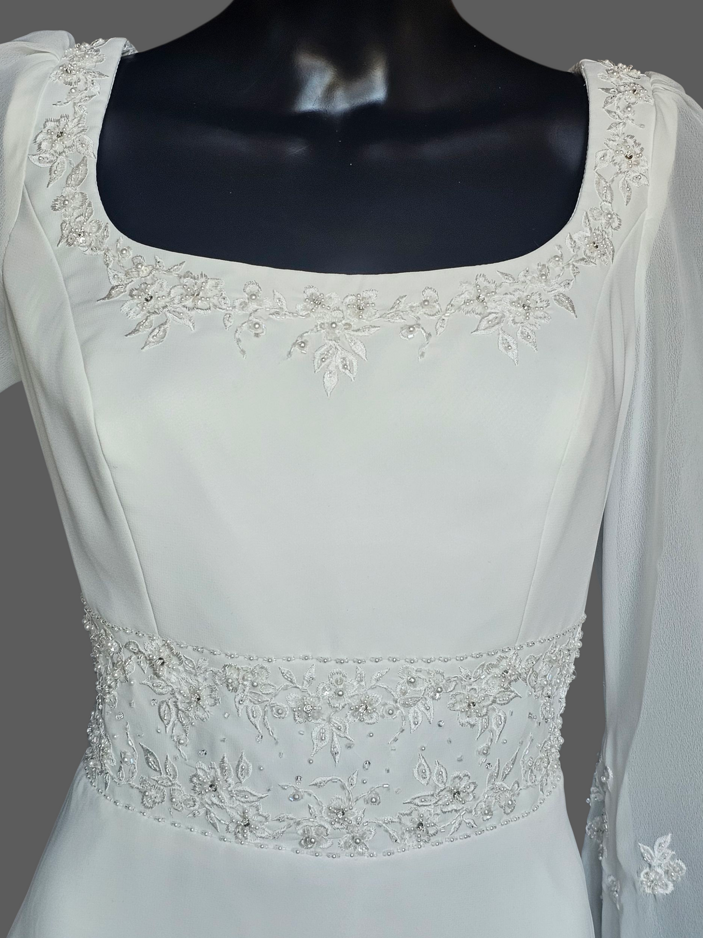Vintage Ivory Chiffon Empire Waist Scoop Neck Renaissance Sleeve Wedding Dress - Mori Lee